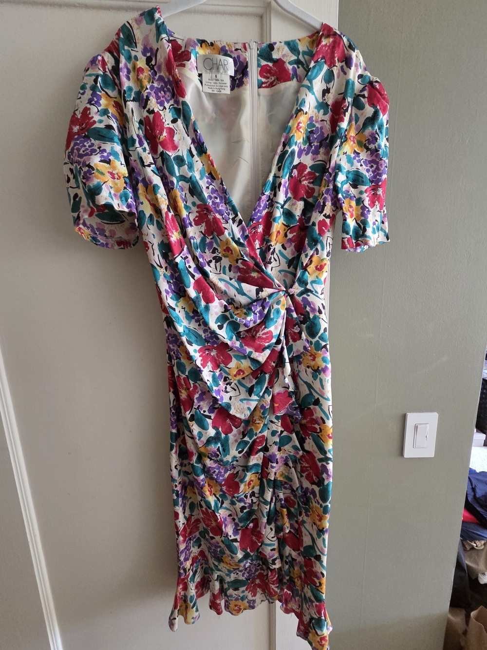 CHAR 100% Silk Floral Wrap-Style Midi Dress in Multi Floral, Lined